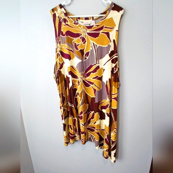 LOGO Sleeveless Deep Red & Mustard Yellow Floral Asymetrical Top Women's Size 2X - Picture 1 of 4
